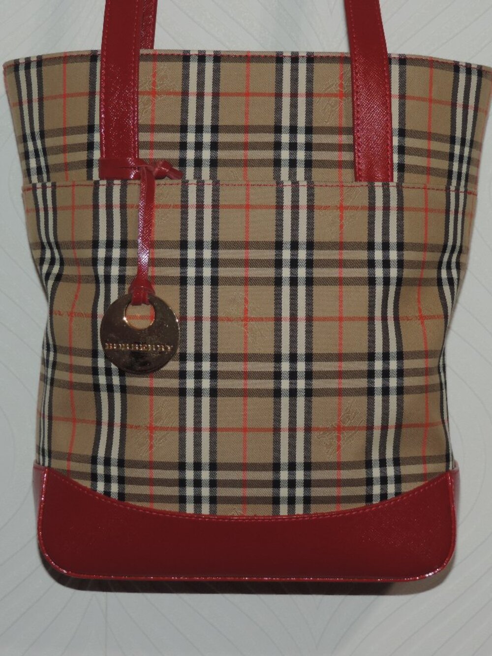 BURBERRY Classic Haymarket Check Canvas & Red Leather Tote Bag - w/COA - Picture 1 of 16